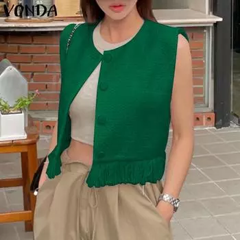 VONDA женский летний круглый вырез без рукавов с открытой планкой и пуговицами, однотонный свободный жилет с кисточками