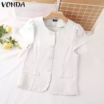 VONDA женский летний круглый вырез с буфами и коротким рукавом, прямой однобортный однотонный свободный маленький ароматный стильный блейзер