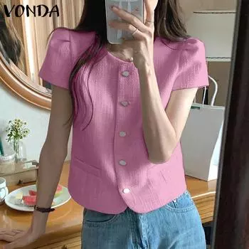 VONDA женский летний круглый вырез с буфами и короткими рукавами на пуговицах, однотонный, свободный, прямой, маленький, ароматный, стильный блейзер
