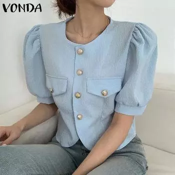 VONDA женский летний круглый вырез с буфами и короткими рукавами с карманами и клапанами, однотонный свободный прямой пиджак