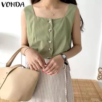 VONDA женский летний однотонный повседневный жилет без рукавов с квадратным вырезом и накладными пуговицами