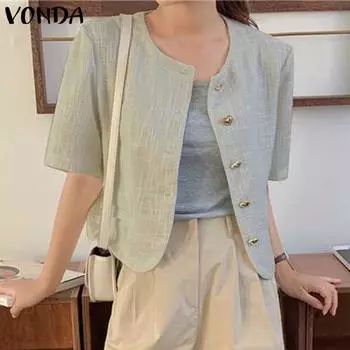VONDA женский летний однотонный свободный костюм с короткими рукавами и пуговицами