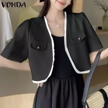 VONDA женский летний однотонный свободный костюм с открытой планкой и короткими рукавами, украшенный карманами и клапанами