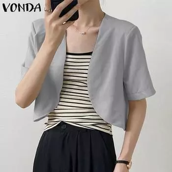 VONDA женский летний однотонный свободный костюм с открытой планкой и короткими рукавами