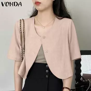 VONDA женский летний однотонный свободный костюм с круглым вырезом и пуговицами с короткими рукавами и круглым вырезом
