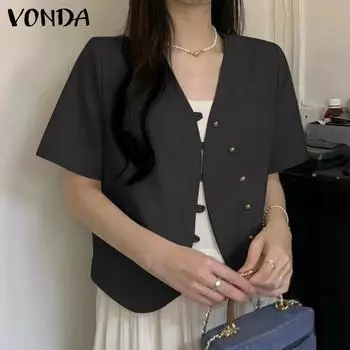VONDA женский летний однотонный свободный костюм с v-образным вырезом и короткими рукавами и пуговицами