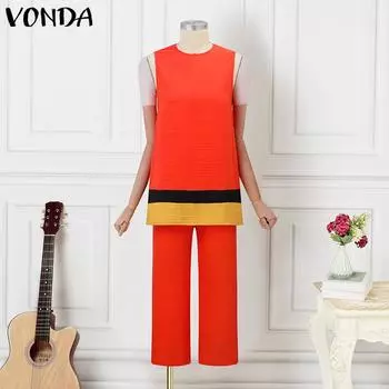 VONDA женский летний однотонный свободный топ и брюки без рукавов с круглым вырезом, костюм M оранжевый