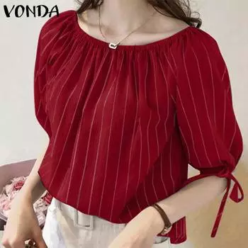 VONDA женский летний однотонный свободный топ с круглым вырезом и короткими рукавами на шнурке