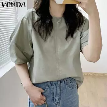 VONDA женский летний однотонный свободный топ с круглым вырезом и короткими рукавами