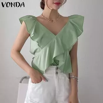 VONDA женский летний однотонный свободный жилет с v-образным вырезом и коротким рукавом, кружевной строчкой 5XL хаки