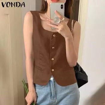VONDA женский летний однотонный жилет без рукавов с квадратным вырезом и пуговицами