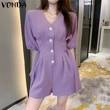 VONDA Женский летний плиссированный однотонный свободный комбинезон с v-образным вырезом и короткими рукавами на талии