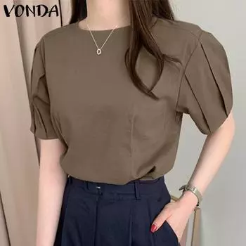 VONDA женский летний плиссированный однотонный свободный топ с круглым вырезом и короткими рукавами