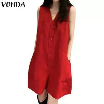 VONDA женский летний повседневный однотонный свободный комбинезон без рукавов с v-образным вырезом и карманами на пуговицах