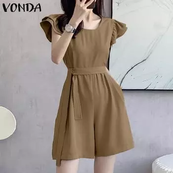 VONDA женский летний повседневный однотонный свободный комбинезон с круглым вырезом и рукавами-крылышками