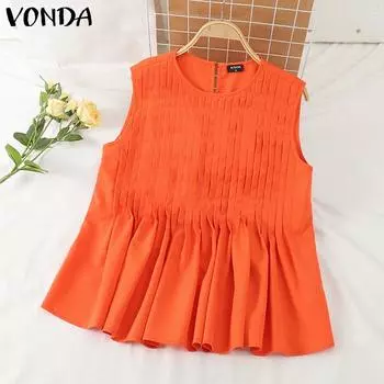 VONDA женский летний повседневный плиссированный однотонный свободный жилет без рукавов с круглым вырезом 3XL оранжевый