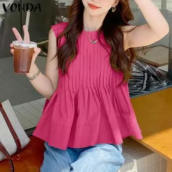 VONDA женский летний повседневный плиссированный однотонный свободный жилет без рукавов с круглым вырезом 3XL оранжевый