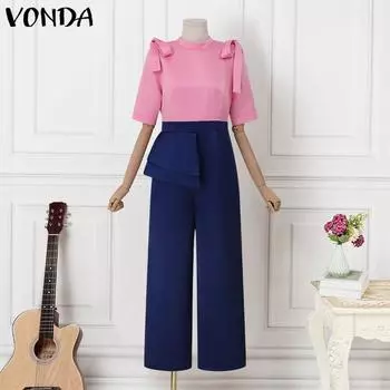 VONDA женский летний повседневный свободный комбинезон большого размера с воротником-стойкой и коротким рукавом с завязками контрастного цвета 4XL белый