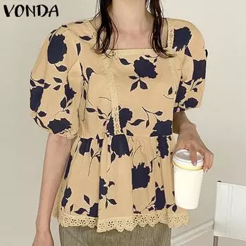 VONDA женский летний повседневный топ с квадратным вырезом и короткими рукавами с кружевной талией