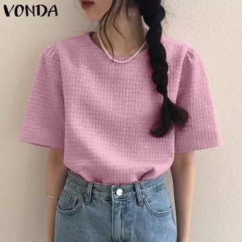 VONDA женский летний прямой однотонный свободный клетчатый топ с круглым вырезом и короткими рукавами