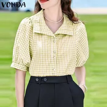 VONDA Женский летний свободный клетчатый топ с квадратным вырезом и короткими рукавами и пуговицами, однотонный
