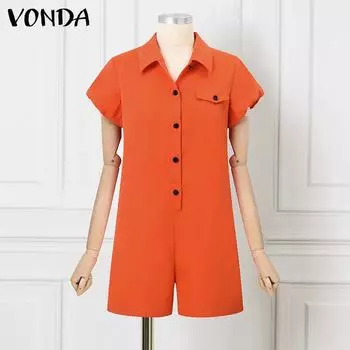 VONDA Женский летний свободный комбинезон с воротником рубашки с коротким рукавом и карманом на пуговицах S оранжевый