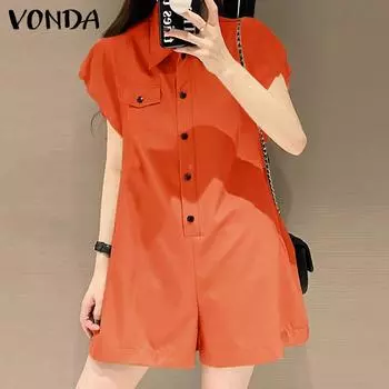 VONDA женский летний свободный комбинезон с воротником рубашки и короткими рукавами, карманами и пуговицами