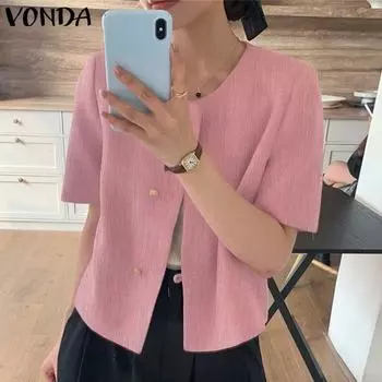 VONDA женский летний свободный костюм с круглым вырезом, коротким рукавом и открытой планкой на пуговицах
