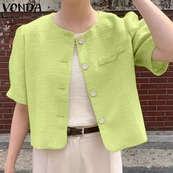 VONDA женский летний свободный костюм с круглым вырезом, короткими рукавами и открытыми лацканами, сплошной цвет