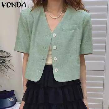 VONDA женский летний свободный костюм с открытыми лацканами и короткими рукавами и пуговицами, сплошной цвет