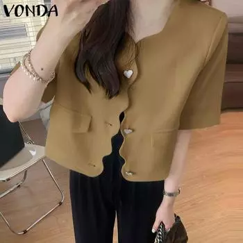 VONDA женский летний свободный кружевной костюм с открытой планкой и короткими рукавами и пуговицами