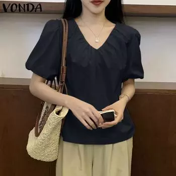 VONDA женский летний свободный однотонный повседневный топ с v-образным вырезом и короткими рукавами