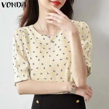 VONDA женский летний свободный повседневный топ с круглым вырезом и коротким рукавом с цветочным принтом 4XL белый