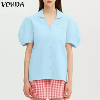 VONDA женский летний свободный прямой длинный топ с короткими рукавами и пуговицами в форме лотоса с v-образным вырезом и пуговицами 4XL зелёный