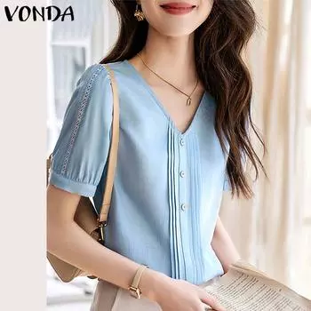 VONDA женский летний свободный прямой топ с v-образным вырезом и короткими рукавами в полоску и пуговицами