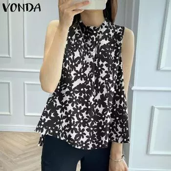 VONDA женский летний свободный топ без рукавов с круглым вырезом и принтом