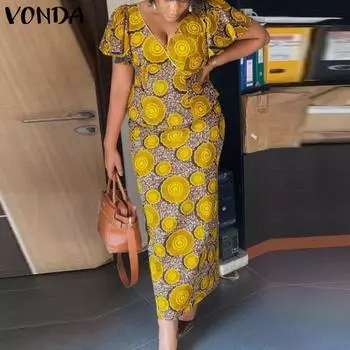 VONDA женский летний свободный топ большого размера с v-образным вырезом и листом лотоса с короткими рукавами и геометрическим принтом, длинная юбка, комплект из двух предметов