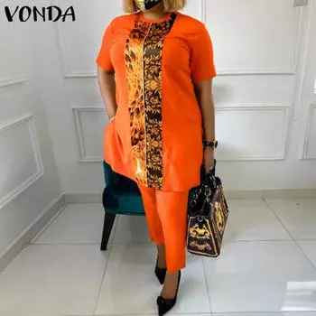 VONDA женский летний свободный топ и брюки большого размера с круглым вырезом и короткими рукавами с принтом