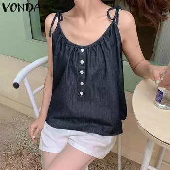 VONDA женский летний жилет без рукавов с круглым вырезом и ложной планкой на пуговицах из искусственного денима, жилет на бретельках 4XL оранжевый