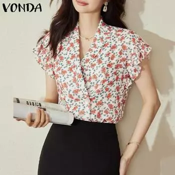 VONDA женский летний жилет без рукавов с v-образным вырезом и рюшами, свободный топ T Fit с цветочным принтом
