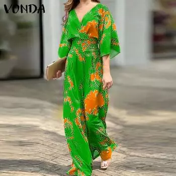 VONDA женский модный свободный комбинезон с v-образным вырезом и расклешенными рукавами и цветочным принтом 4XL ярко-розовый