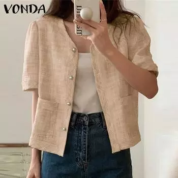 VONDA женский однотонный костюм на пуговицах с v-образным вырезом и короткими рукавами