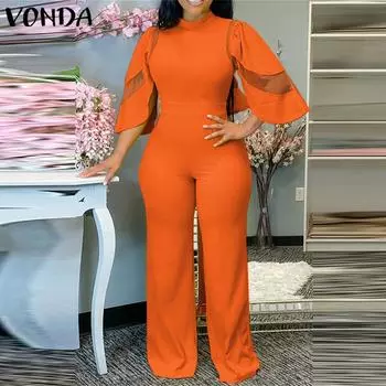 VONDA женский однотонный повседневный комбинезон из сетчатой пряжи с круглым вырезом и половиной рукавов 4XL ярко-розовый