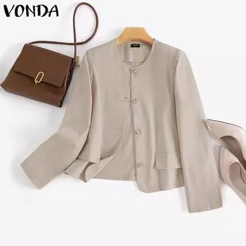 VONDA женский однотонный свободный блейзер с круглым вырезом и длинным рукавом на пуговицах