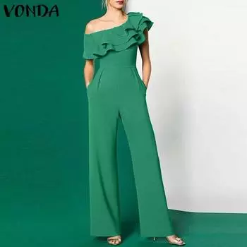 VONDA женский однотонный свободный длинный комбинезон с воротником с открытыми плечами, рюшами и короткими рукавами S зелёный