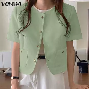 VONDA женский однотонный свободный костюм с круглым вырезом, коротким рукавом и открытым лацканом, карманом на пуговицах