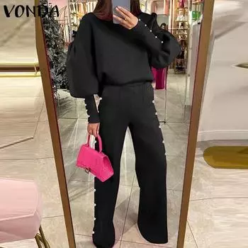VONDA Женский осенний комплект из широких брюк с круглым вырезом и длинными рукавами, украшенный жемчугом 3XL чёрный