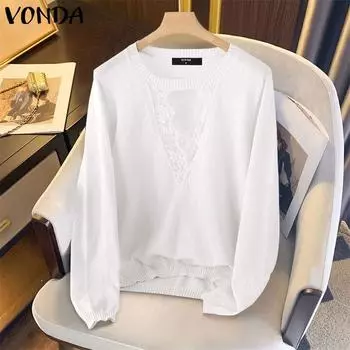 VONDA Женский осенний круглый вырез с длинным рукавом кружевной пуловер свитера S чёрный