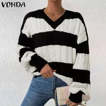 VONDA Женский осенний полосатый теплый свитер с длинным рукавом и V-образным вырезом L чёрный