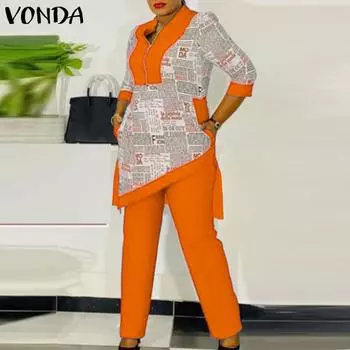 VONDA женский плюс размер рубашечный воротник с длинным рукавом на молнии с буквенным узором в стиле пэчворк, топ и брюки с неровным подолом, комплект из двух предметов